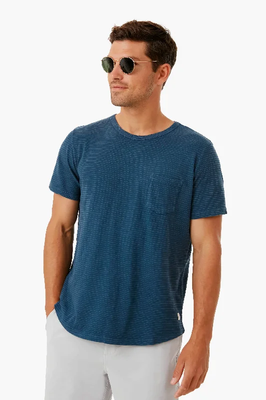 Moon Indigo Heather Gray Stripe Saddle Hem Pocket Tee