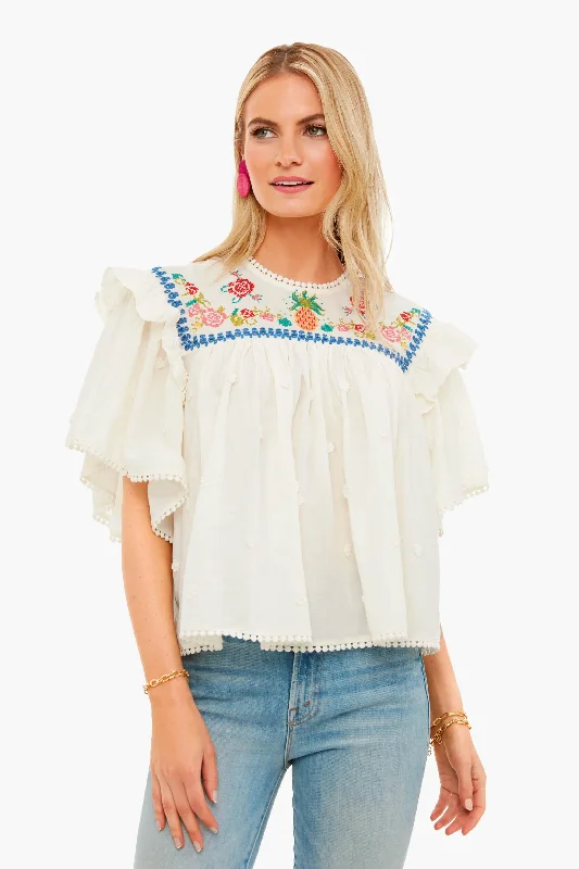 Off-White Cross Stitch Embroidered Blouse