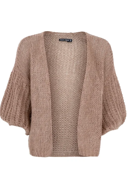 Women's Crew Neck Cardigans-Casey Puff Sleeve Cardigan | Lt. Taupe | Strik fra Black Colour