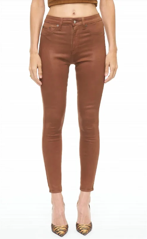 Women's Paisley Print Pants-Aline High Rise Skinny Jeans In Coated Cognac