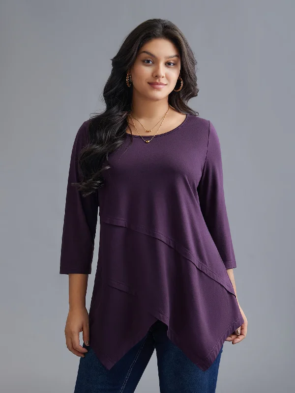 Women's Ruffle Neck T-Shirts-Asymmetrical Hem Overlap Long T-shirt