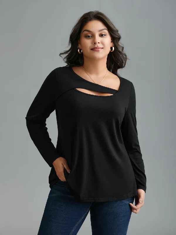 Women's Raw Edge T-Shirts-Asymmetrical Neckline Long Sleeve T-shirt