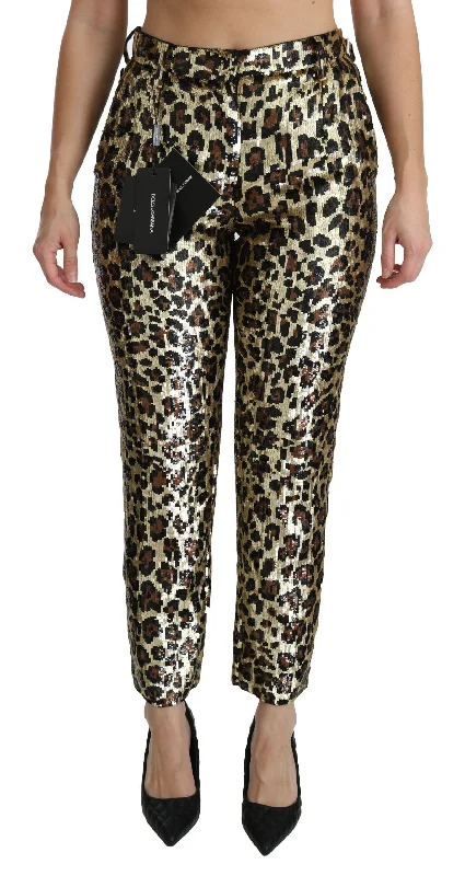 Women's Novelty Print Pants-Dolce & Gabbana Chic High Waist Leopard Sequin Women's Pants