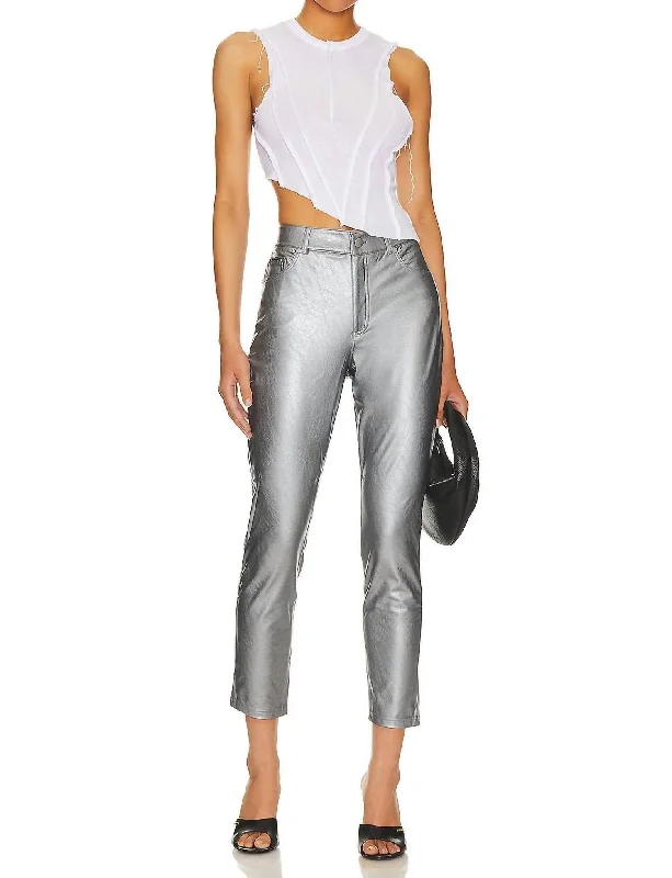 Women's Cropped Pants-Faux Leather High Waisted Pants In Platinum