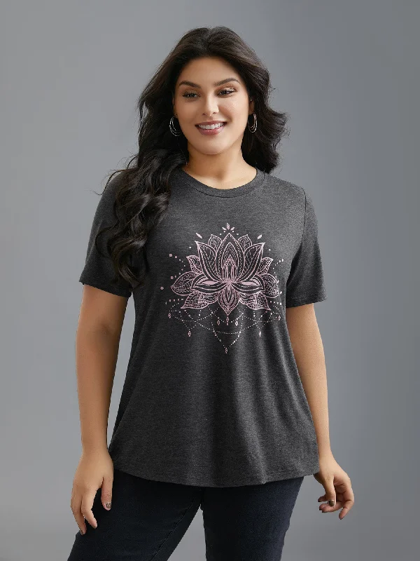 Women's Ringer T-Shirts-Floral Printed Round Neck Stretchy T-shirt