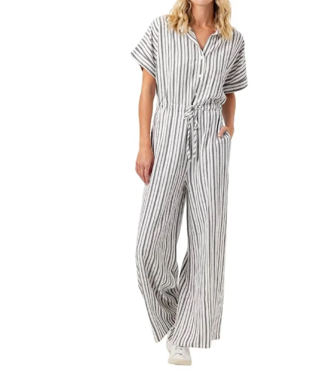 Women's Flared Leggings-Gemma Stripe Jumpsuit In Rayon Ash Stripe