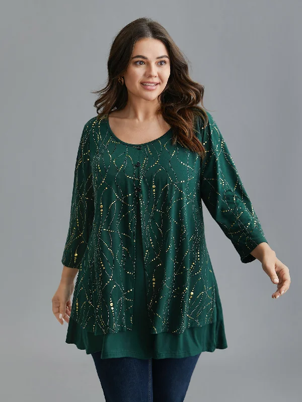 Women's Relaxed Fit T-Shirts-Glitter Irregular Hem Button Knit Shirt