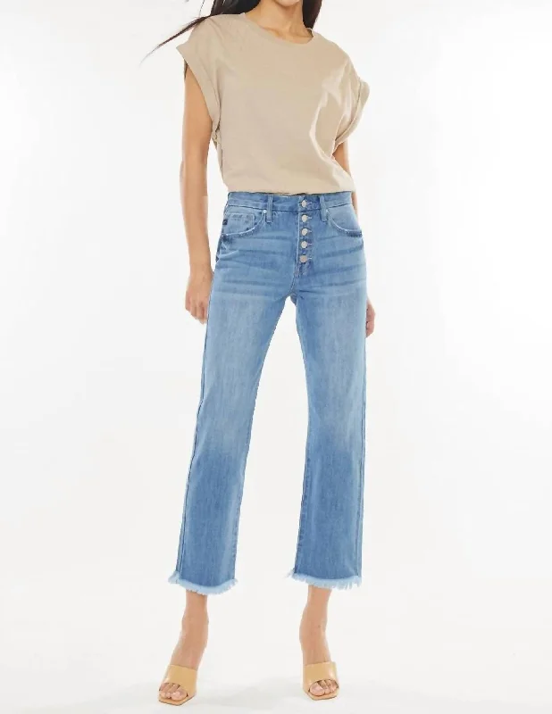 Women's Fold-Over Waist Pants-High Rise Straight Leg Jeans In Blue