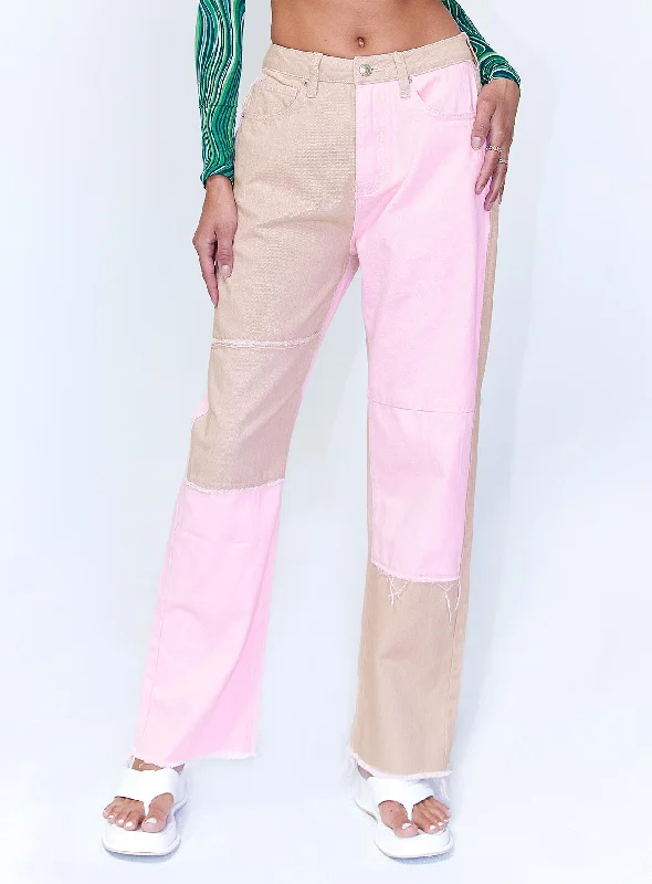 Women's Washed Pants-Kaisha Denim Jeans Pink