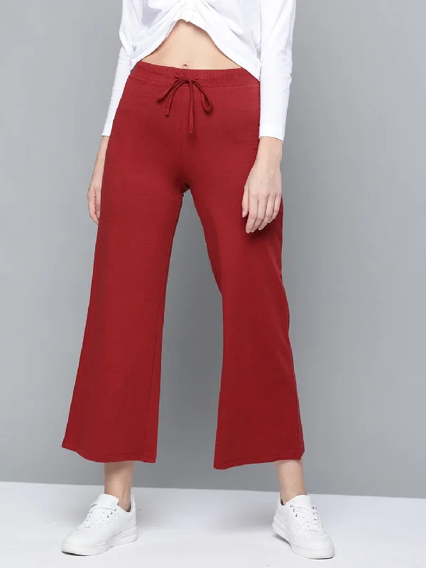 Women's Windproof Pants-Maroon Terry Drawstring Wide Leg Pants