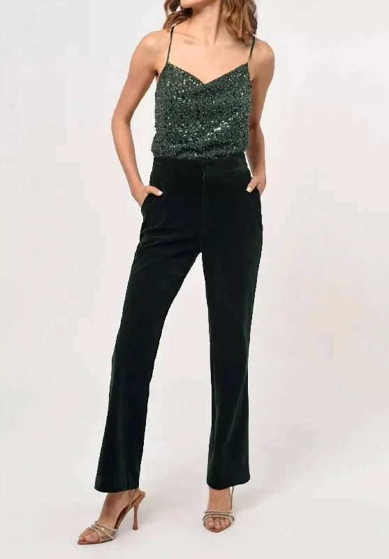 Women's Pastel Pants-Milton Velvet Straight Leg Trouser In Forest Green