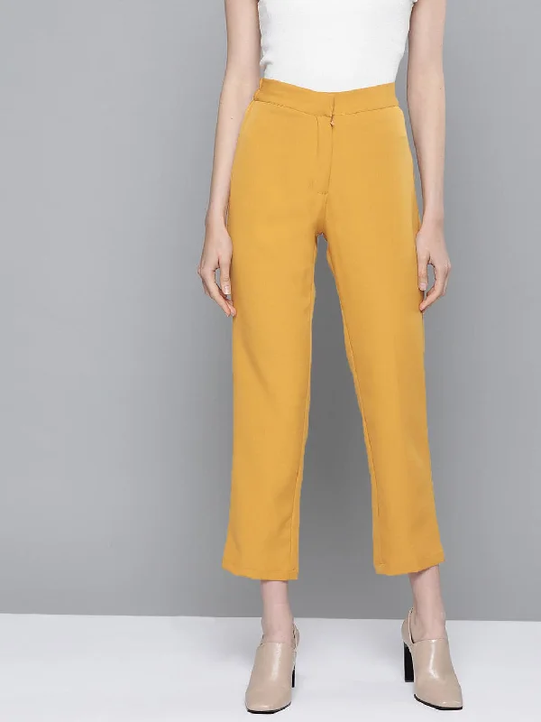 Women's Belted Pants-Mustard Front Pleat Tapered Pants