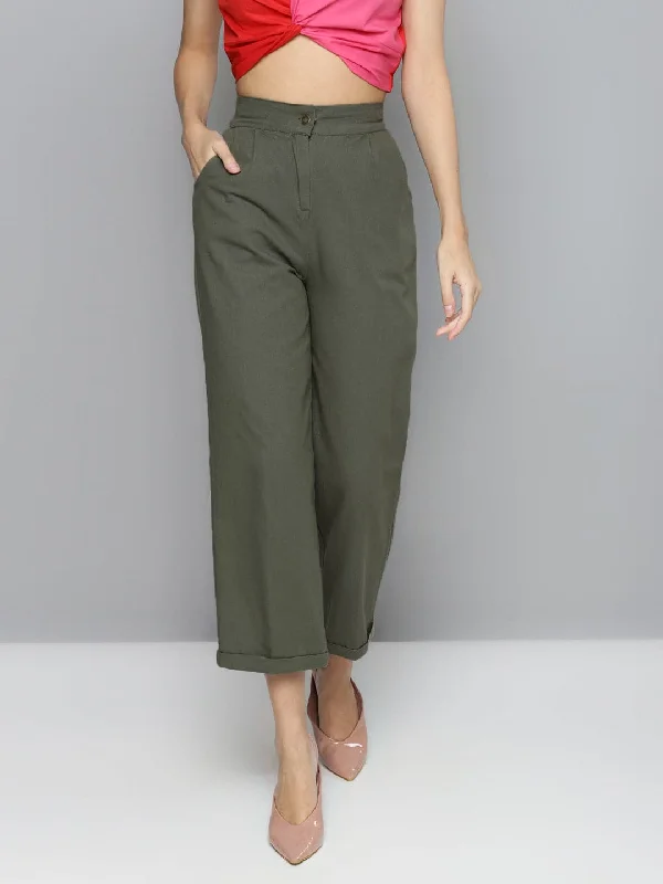 Women's All-Season Pants-Olive Twill Straight Pants