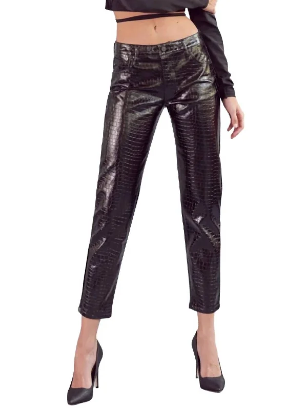 Women's Jeggings Pants-Snakeskin Coated Straight Leg Jean In Black