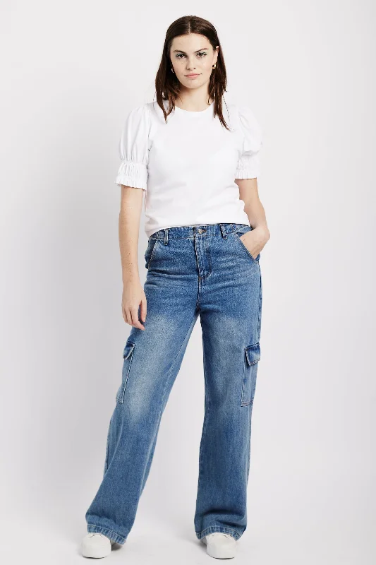 Women's Satin Pants-Wide Leg Cargo Jeans in Denim