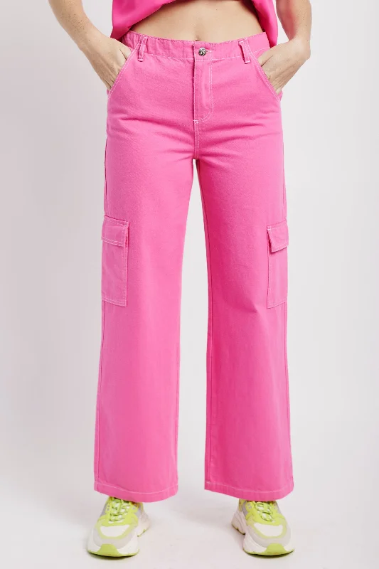 Women's Silk Pants-Wide Leg Cargo Jeans in Pink