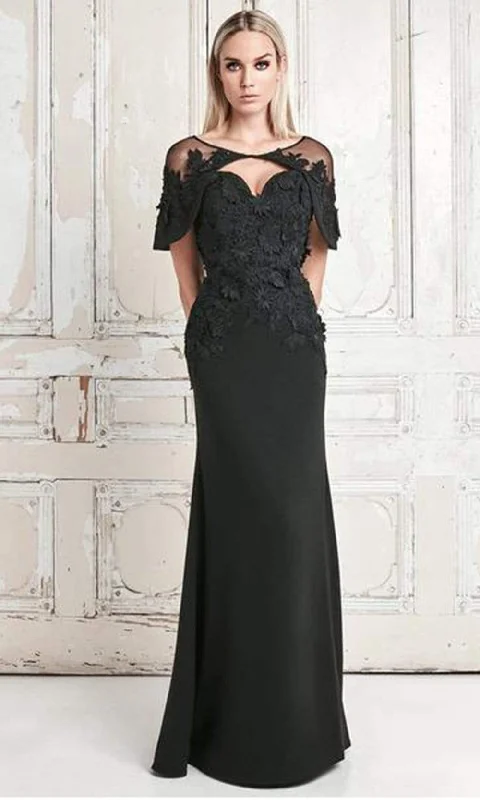 Women's Quartz Evening Gowns-Alexander by Daymor Floral Applique Sweetheart Sheath Dress With Cape 776 - 1 pc Midnite In Size 8 Available