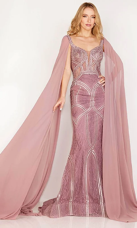 Women's Custom Made Evening Gowns-Cecilia Couture 194 - Chiffon Train Sleeve Sheath Gown