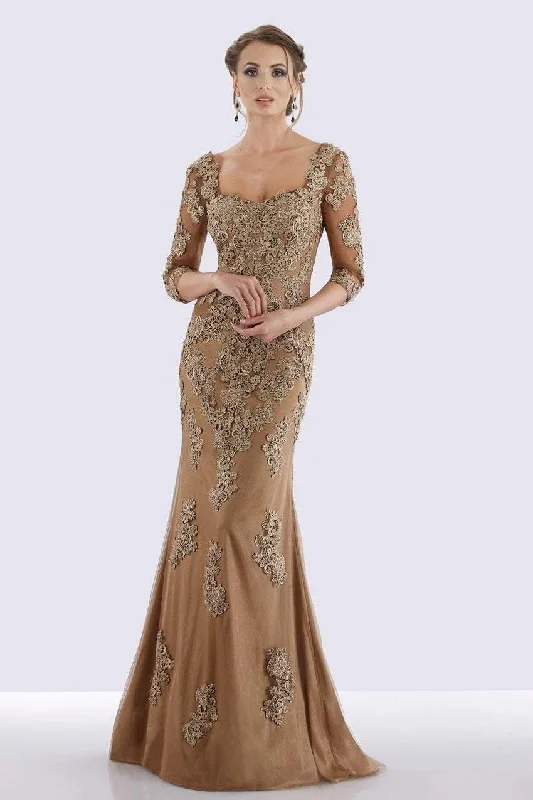 Women's High Neck Evening Dresses-Feriani Couture - 26271 Quarter Length Sleeve Lace Sheath Gown