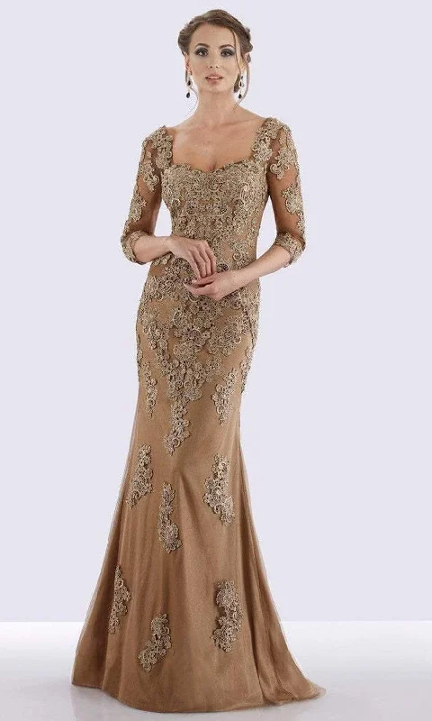 Women's Mustard Evening Gowns-Feriani Couture - Quarter Length Sleeve Appliqued Sheath Gown 26271 - 1 pc Bronze in Size 10 Available