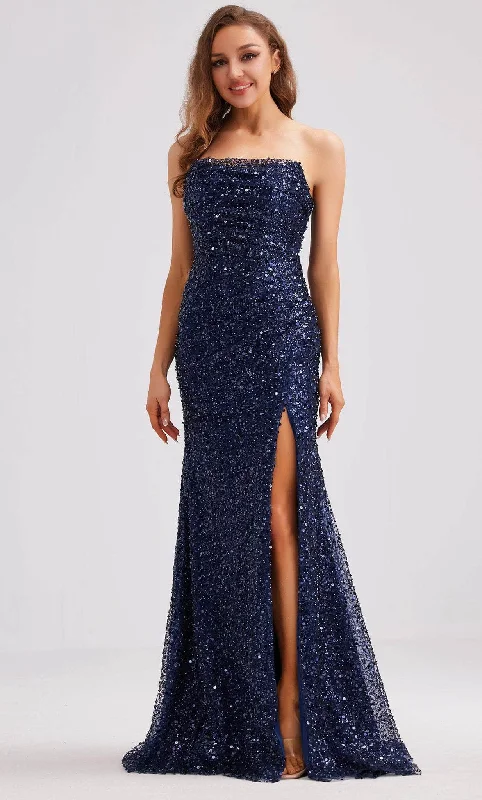 Women's Feather Evening Gowns-J'Adore Dresses J23020 - Draped Sequin Evening Dress with Slit