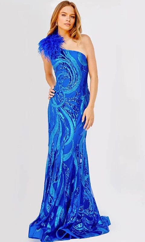 Women's Quartz Evening Dresses-Jovani 32596 - Feather Shoulder Sequined Dress