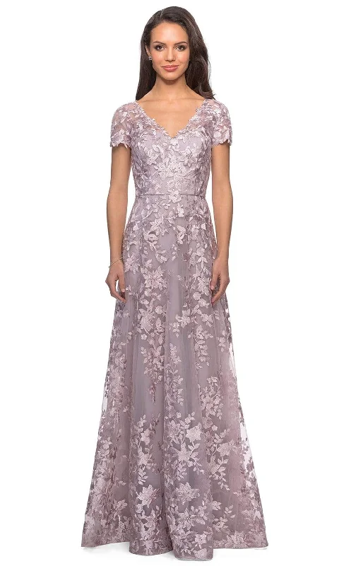 Women's Onyx Colored Evening Dresses-La Femme - Floral Embroidered Lace A-Line Dress 27870SC