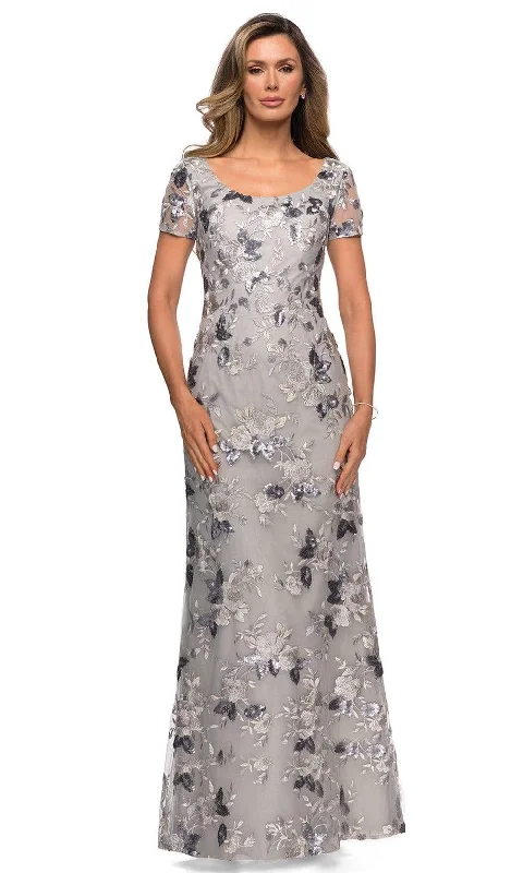 Women's Off-Shoulder Evening Dresses-La Femme - Sequined Floral Lace Sheath Dress 27991SC