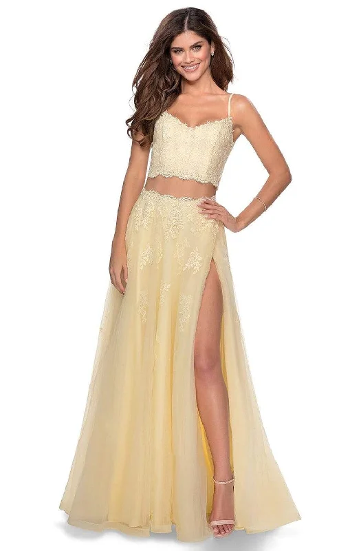 Women's Onyx Evening Gowns-La Femme - Two Piece Floral Adorned Tulle A-line Gown 2871SC - 1 pc Pale Yellow In Size 4 Available