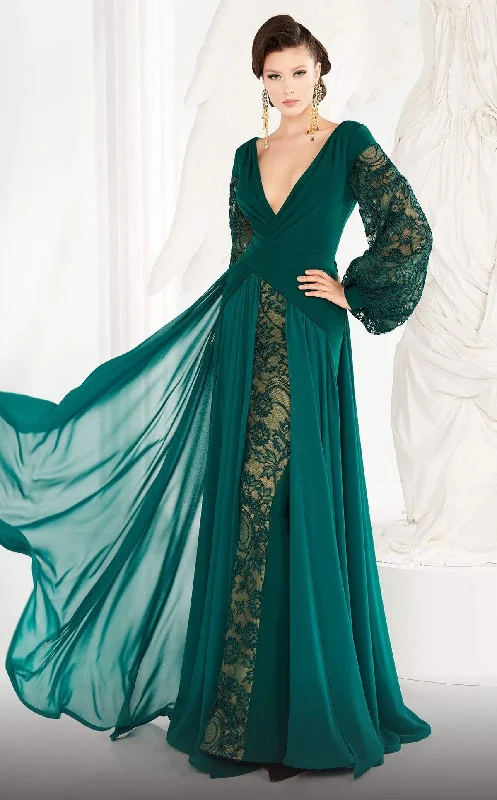 Women's Emerald Evening Gowns-MNM Couture - 2551 Embroidered Lace Bishop Sleeve Surplice Gown