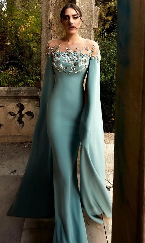 Women's Emerald Evening Dresses-MNM Couture K3947 - Bell Sleeves Formal Dress