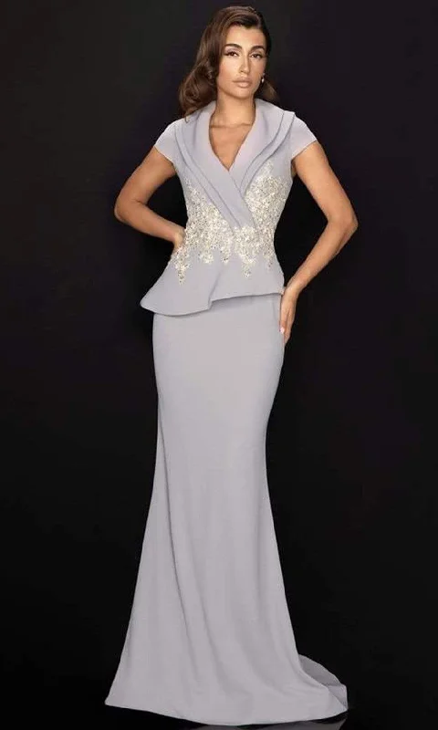 Women's One-Shoulder Evening Dresses-Terani Couture - Cap Sleeve Surplice Collar Appliqued Gown 2011M2135